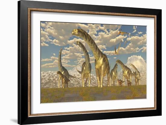 Hypsilophodon and Pteranodon Dinosaurs Accompany a Herd of Argentinosaurus-null-Framed Art Print
