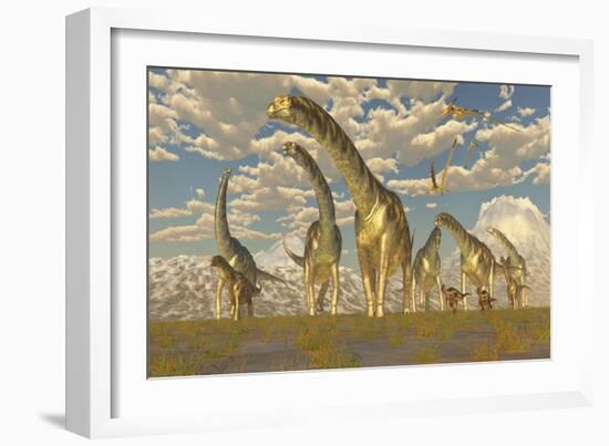 Hypsilophodon and Pteranodon Dinosaurs Accompany a Herd of Argentinosaurus-null-Framed Art Print