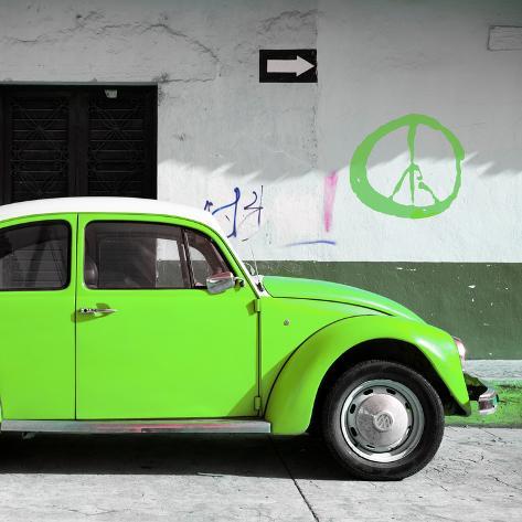 Photographic Print: ?Viva Mexico! Square Collection - Lime Green VW Beetle Car & Peace Symbol by Philippe Hugonnard: 16x16in