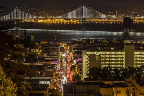 Photographic Print: Looking Down onto Broadway and Bay Bridge from Russian Hill at Night in San Francisco, California by Chuck Haney: 24x16in