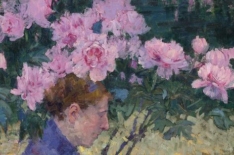 Giclee Print: Peonies and head of a Woman by John Peter Russell: 24x36in