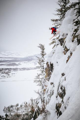 Photographic Print: Skier Drops A Monster Cliff In The Backcountry Of The Tetons Near Jackson Hole Mountain Resort by Jay Goodrich: 24x16in