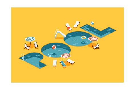 Art Print: Cool Vector Creative Concept Design on Isometric Letters Shaped Swimming Pool with Chaise Lounges, by Mascha Tace: 24x16in