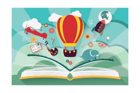 Art Print: Imagination Concept - Open Book with Air Balloon, Rocket and Airplane Flying Out by BlueLela: 24x16in