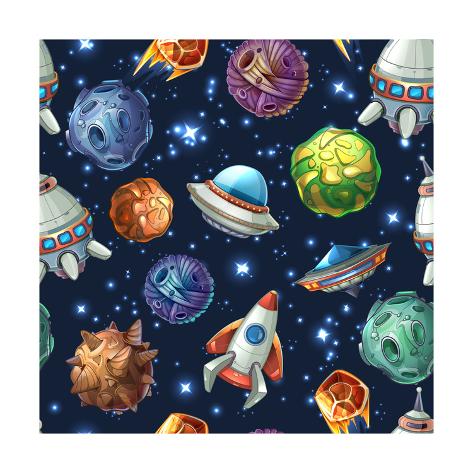 Art Print: Comic Space with Planets and Spaceships. Rocket Cartoon, Star and Science Design. Vector Seamless P by MSSA: 12x12in