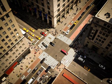 Photographic Print: Bird's Eye View of Manhattan, Looking down at People and Yellow Taxi Cabs Going down 5Th Avenue. To by Heather Shimmin: 24x18in