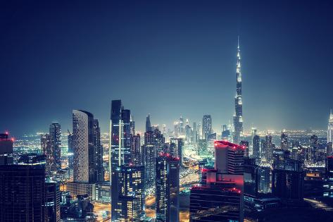 Photographic Print: Beautiful Dubai Cityscape, Bird's Eye View on a Night Urban Scene, Modern City Panoramic Landscape, by Anna Om: 24x16in