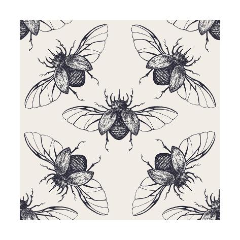 Art Print: Beetles Seamless Pattern. Vintage Hand Drawn Insects with Spreaded Wings. by Anna Macabre: 12x12in