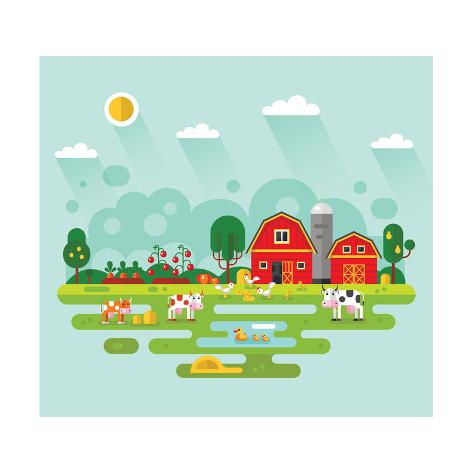 Art Print: Flat Design Vector Rural Landscape Illustration with Farm Building, Barn, Garden, Beds of Carrots, by MilkyM: 12x12in