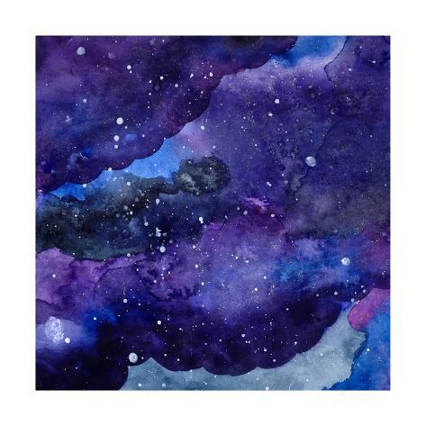 Art Print: Watercolor Space Texture with Glowing Stars. Night Starry Sky with Paint Strokes and Swashes. Vecto by Anna Kutukova: 12x12in