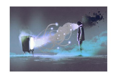 Art Print: Man Standing in Front of Unusual Television on Dark Background, Illustration Painting by Tithi Luadthong: 24x16in