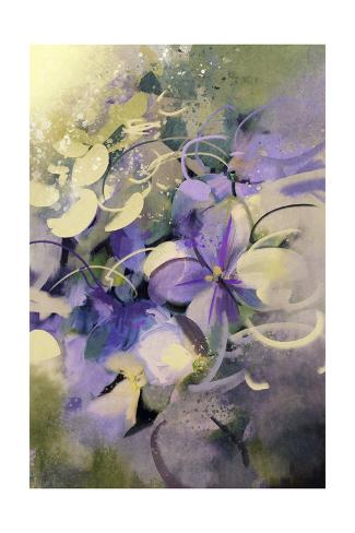 Art Print: Purple Flowers with Grunge Texture in Abstract Painting Style by Tithi Luadthong: 24x16in