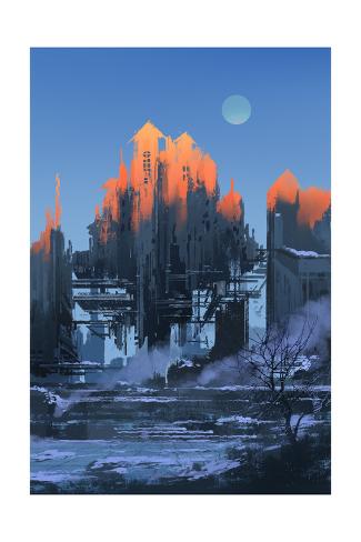 Art Print: Landscape Painting of Abandoned Building at Sunset by Tithi Luadthong: 24x16in