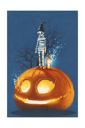 Art Print: Mummy Standing on Giant Pumpkin, Jack O Lantern, Halloween Concept, Illustration Painting by Tithi Luadthong: 24x16in