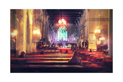 Art Print: Interior View of a Church, Digital Painting, Illustration by Tithi Luadthong: 24x16in