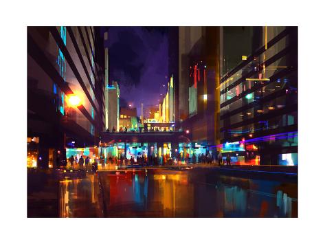 Art Print: Crowds of People at a Busy Crossing in the Night with Neon Lights, Digital Painting by Tithi Luadthong: 24x18in