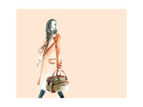 Art Print: Watercolor Fashion Illustration. Woman Walking with Travel Bag in His Hand by Anna Ismagilova: 24x18in