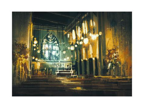 Art Print: Beautiful Painting Showing Interior View of a Church and Dramatic Light by Tithi Luadthong: 24x18in