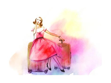 Art Print: Hand Drawn Traveling Woman with Luggage by Anna Ismagilova: 24x18in