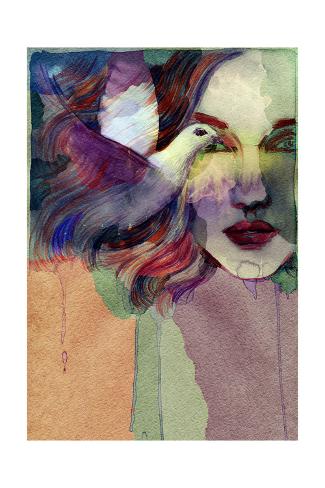 Art Print: Woman Face and Pigeon. Hand Painted Fashion Illustration by Anna Ismagilova: 24x16in