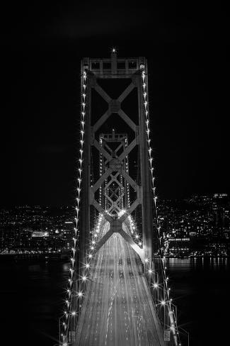 Photographic Print: B & W Head-On Image Of San Francisco's Bay Bridge At Night by Joe Azure: 24x16in