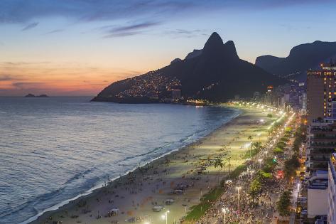 Photographic Print: Sunset over Ipanema Beach and Dois Irmaos (Two Brothers) mountain, Rio de Janeiro, Brazil, South Am by Gavin Hellier: 36x24in