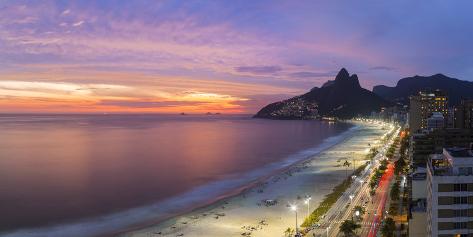 Photographic Print: Sunset over Ipanema Beach and Dois Irmaos (Two Brothers) mountain, Rio de Janeiro, Brazil, South Am by Gavin Hellier: 24x12in