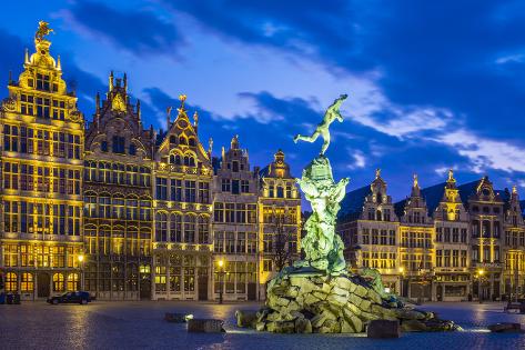 Photographic Print: Belgium, Flanders, Antwerp (Antwerpen). Medieval guild houses and statue of Silvius Brabo on Grote by Jason Langley: 36x24in