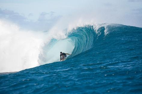 Photographic Print: Surfer Surfing Wave in Pacific Ocean, Moorea, Tahiti, French Polynesia: 24x16in