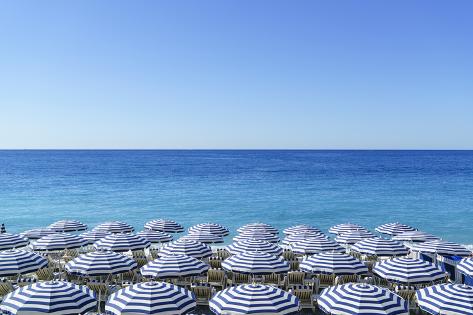 Photographic Print: Blue and white beach parasols, Nice, Cote d'Azur, Alpes-Maritimes, Provence, French Riviera, France by Fraser Hall: 36x24in