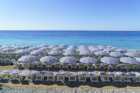 Photographic Print: Blue and white beach parasols, Nice, Alpes-Maritimes, Cote d'Azur, Provence, French Riviera, France by Fraser Hall: 36x24in