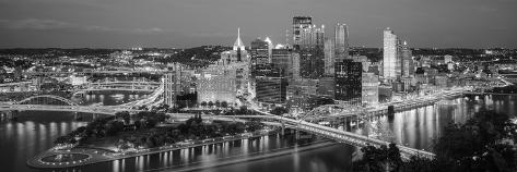 Photographic Print: Buildings in a city lit up at dusk, Pittsburgh, Allegheny County, Pennsylvania, USA Black and White: 42x14in