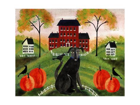 Giclee Print: Country Folk Art Dog, Crows And Pumpkins by Cheryl Bartley: 24x18in