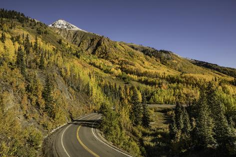 Premium Photographic Print: Autumn, aspen trees and Million Dollar Highway, Crystal Lake, Ouray, Colorado by Adam Jones: 36x24in