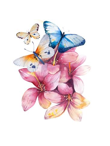 Art Print: Watercolor Butterflyand Bouquets. Spring Flowers in Pot. Rustic Outdoor Floral Set. Shabby Chic St by krisArt: 24x18in