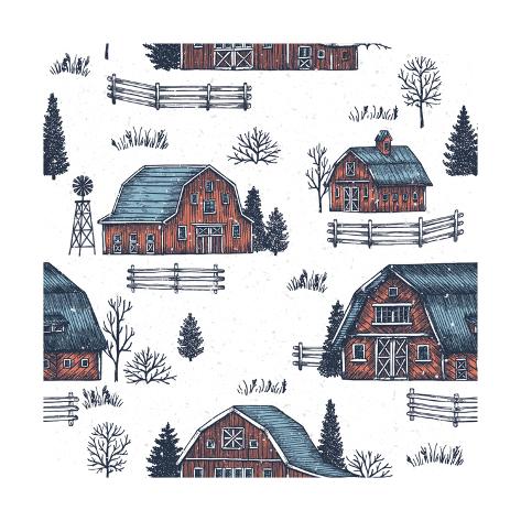 Art Print: Farm Country Seamless Pattern. Cute Houses Background. Engraved Style Illustration. Vector Illustra by adehoidar: 12x12in