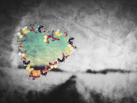 Photographic Print: Heart Shape Made of Colorful Butterflies on Black and White Field Vintage Background. Love, Hope Co by Michal Bednarek: 24x18in