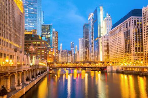 Photographic Print: City of Chicago Downtown and River with Bridges at Dusk. by vichie81: 24x16in