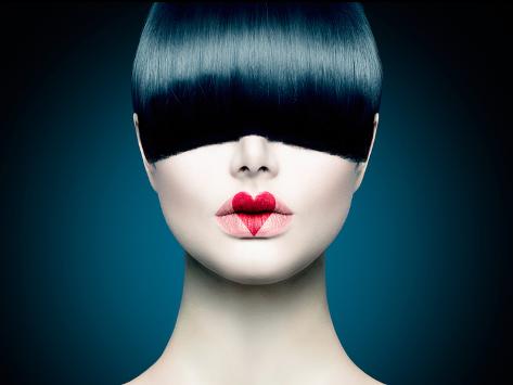 Photographic Print: High Fashion Model Girl Portrait with Trendy Fringe Hair Style and Red Heart Lips Makeup. Long Blac by Subbotina Anna: 12x9in