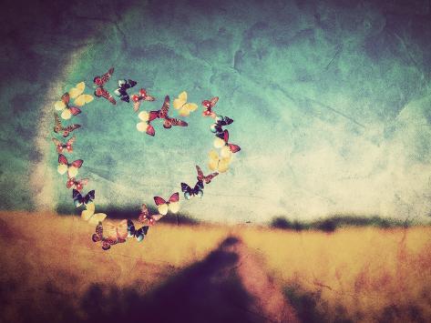 Photographic Print: Heart Shape Made of Colorful Butterflies on Vintage Field Background. Love, Hope Concept. by Michal Bednarek: 24x18in