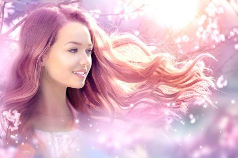 Photographic Print: Fantasy Girl with Long Pink Blowing Hair. Spring or Summer Beauty Teen Girl with Flowers. Fashion A by Subbotina Anna: 24x16in