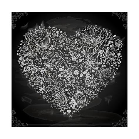 Art Print: Stylish Floral Heart, Hand Drawn Retro Flowers by Ozerina Anna: 12x12in