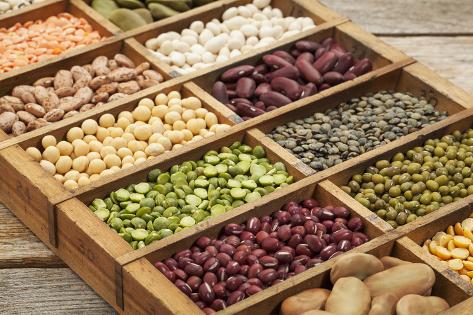 Photographic Print: Old Wooden Typesetter Box with 16 Samples of Assorted Legumes: Green, Red and French Lentils, Soybe by PixelsAway: 24x16in