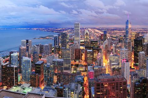 Photographic Print: Chicago Skyline Panorama Aerial View with Skyscrapers over Lake Michigan with Cloudy Sky at Dusk. by Songquan Deng: 12x8in