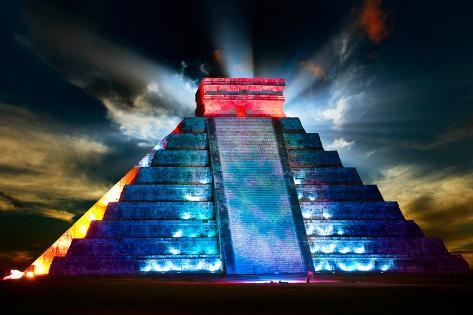 Art Print: Chichen Itza Mayan Pyramid Night View by Subbotina Anna: 24x16in