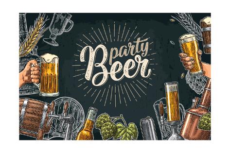 Art Print: Horizontal Poster Beer Set with Tap, Glass, Bottle, Hop Branch with Leaf, Ear of Barley, Barrel, Ta by MoreVector: 24x16in