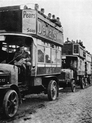 Photographic Print: 'British troops being moved to a fresh part of the line by motor 'buses', 1915: 12x9in