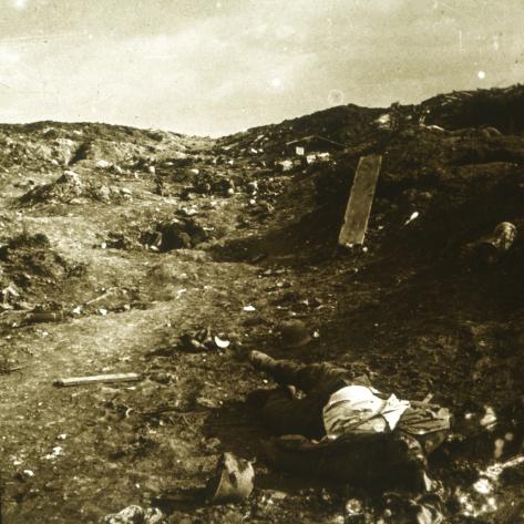 Photographic Print: Body, trenches on the front line, Somme, northern France, c1916-c1918: 16x16in