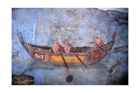 Giclee Print: Fresco of marine life depicting rowers in a gala boat on the River Tiber by Werner Forman: 18x12in