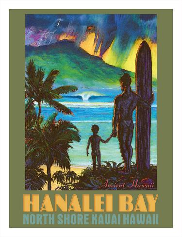 Giclee Print: Hanalei Bay - North Shore Kauai Hawaii - Ancient Hawaiian Surfer by Rick Sharp: 26x20in